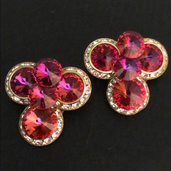 HOT PINK IRIDESCENT RHINESTONE GEM GOLD EARRINGS - Picture 14 of 15